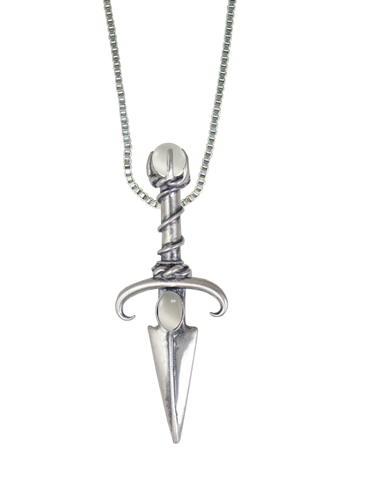 Sterling Silver Black Prince's Knife Dagger Pendant With White Moonstone And a Clear Glass Bead